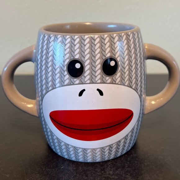 Pair of Retro Knitted Sock Monkey Ceramic Dual Handled Dual-Sided Mugs - GALERIE - Picture 2 of 9